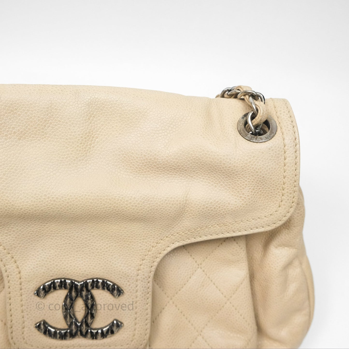 Chanel Quilted Coco Rider Hobo Bag Beige Caviar Ruthenium Hardware