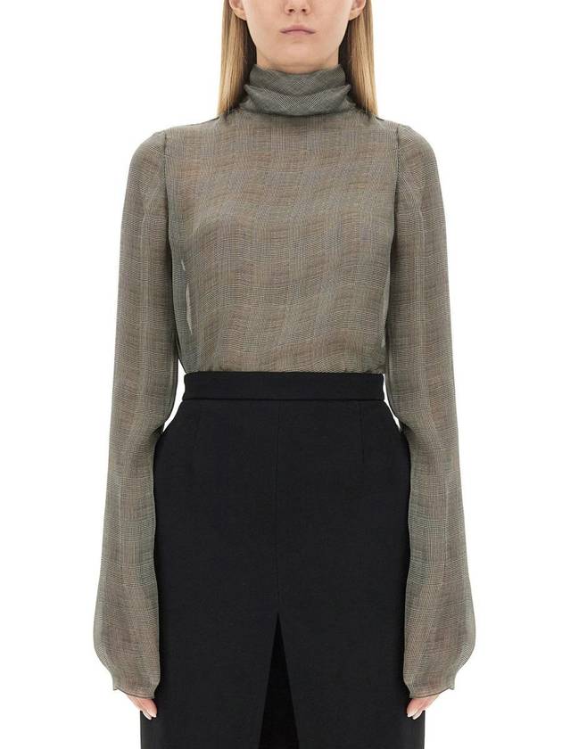 Luxury Saint Laurent Tartan Silk Turtleneck Blouse Grey