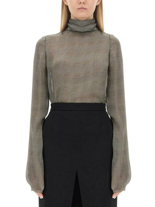 Luxury Saint Laurent Tartan Silk Turtleneck Blouse Grey