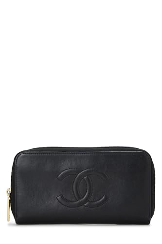 Chanel,  Black Calfskin Leather Zip Around Wallet, Black