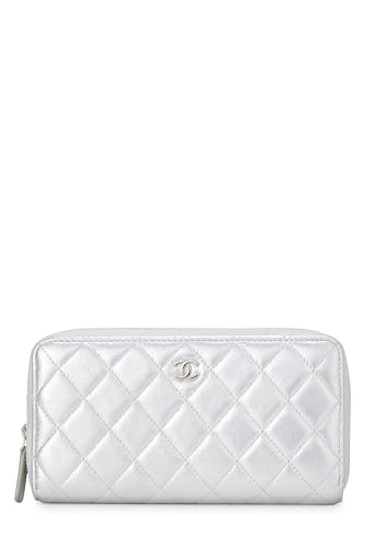 Chanel,  Silver Lambskin Zip Around Wallet, Silver