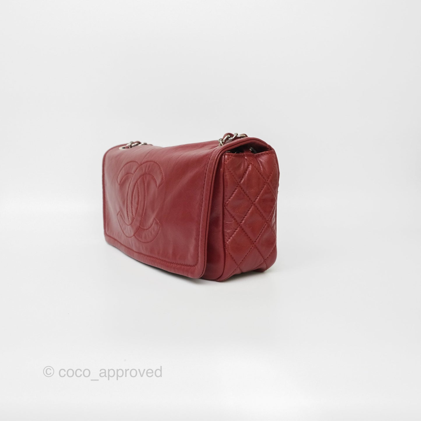 Chanel CC Flap Shoulder Bag Dark Red Crumpled Leather Silver Hardware