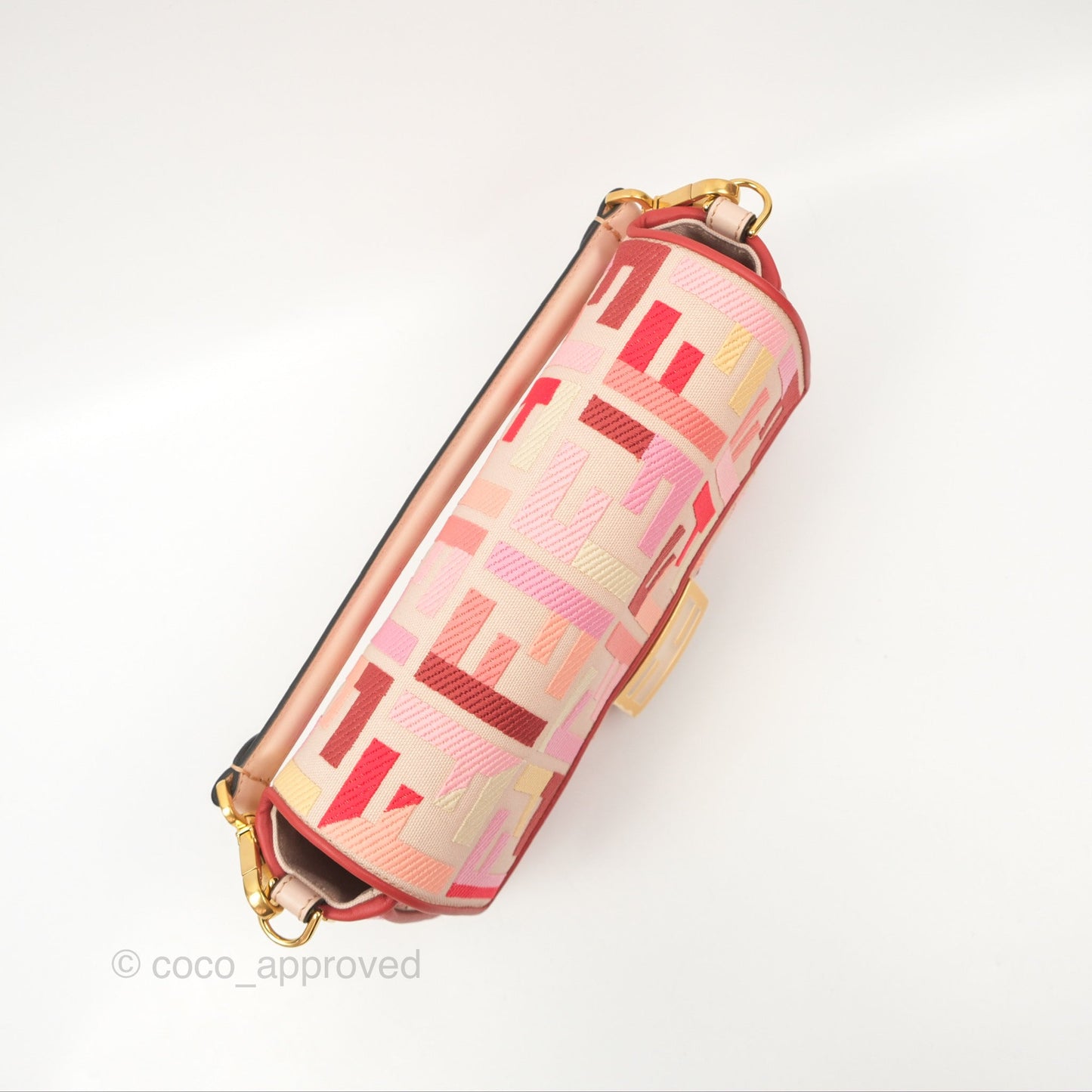 Fendi Medium Baguette Bag FF Embroidered Pink Canvas Gold Hardware