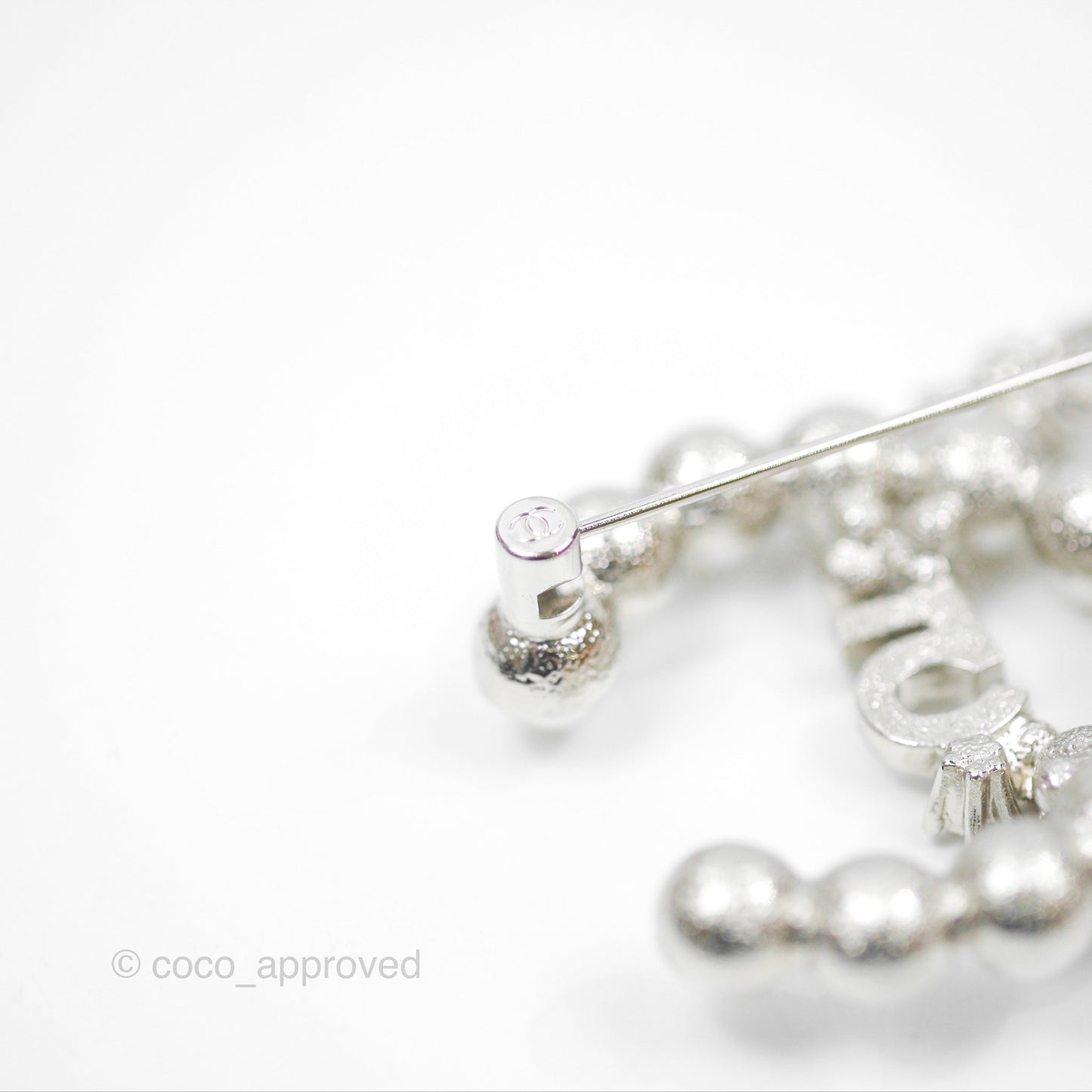 Chanel CC No5 Pearl Crystal Brooch Silver Tone 23P