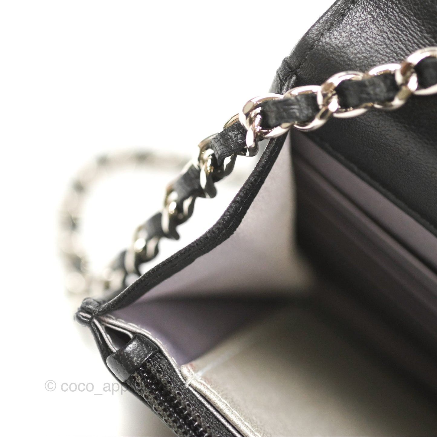 Chanel Camellia Embossed Wallet on Chain WOC Black Lambskin Silver Hardware