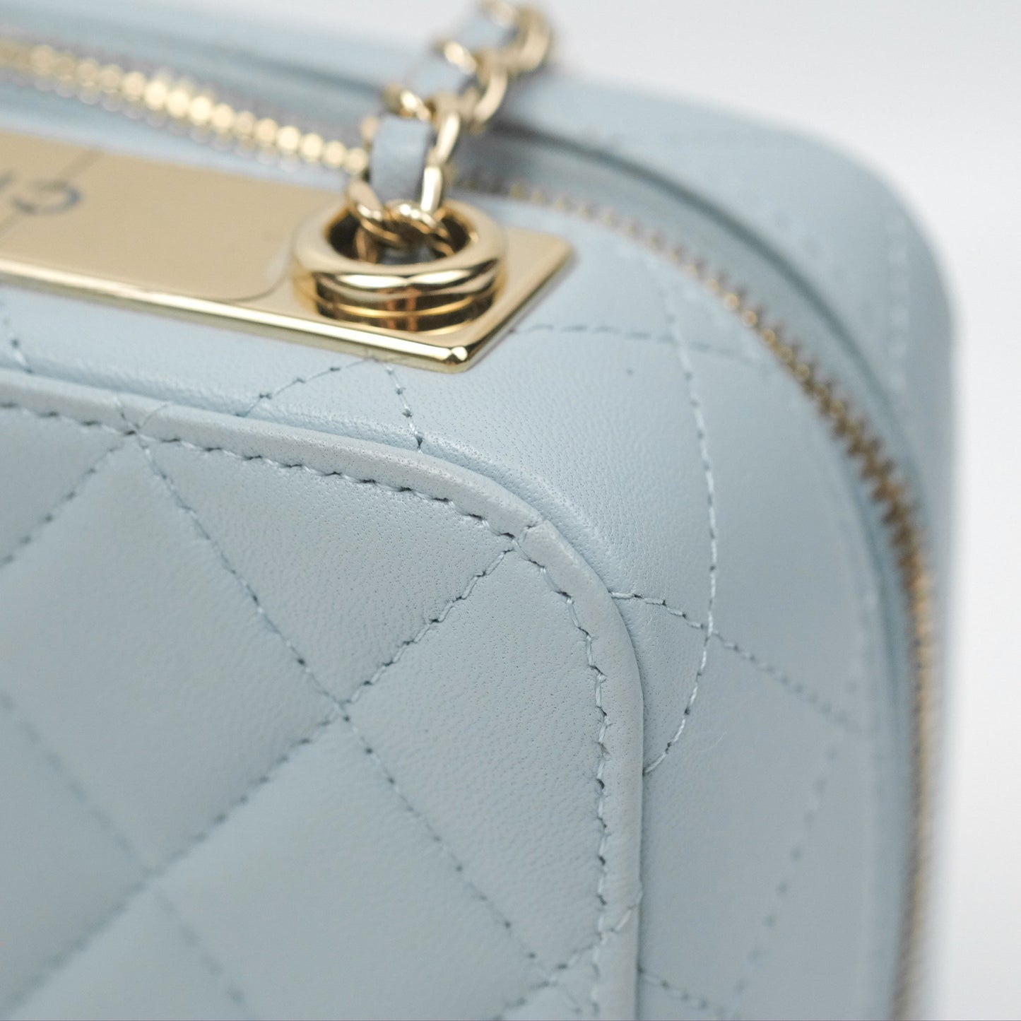 Chanel Mini Quilted Vanity Camera Case Light Blue Lambskin Gold Hardware