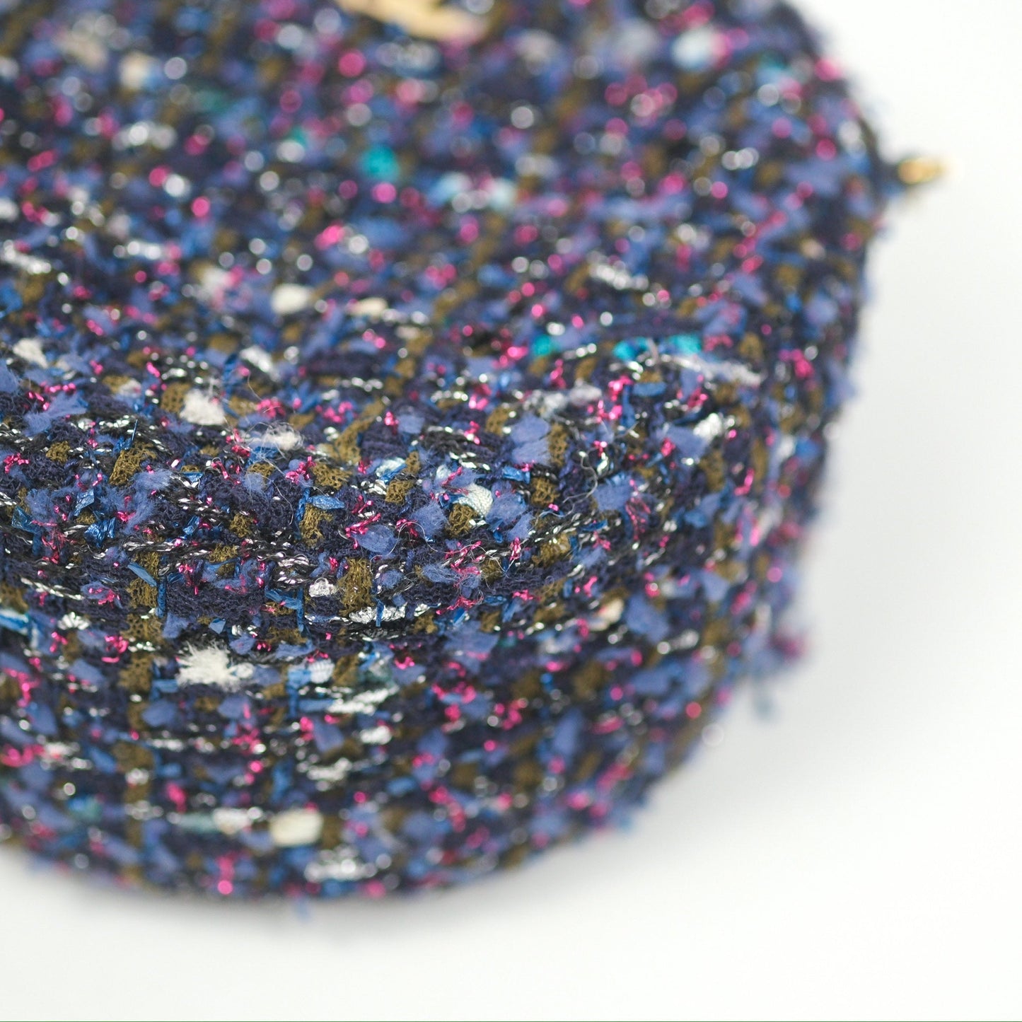 Chanel Classic Quilted Round Clutch With Chain Navy Tweed Gold Hardware