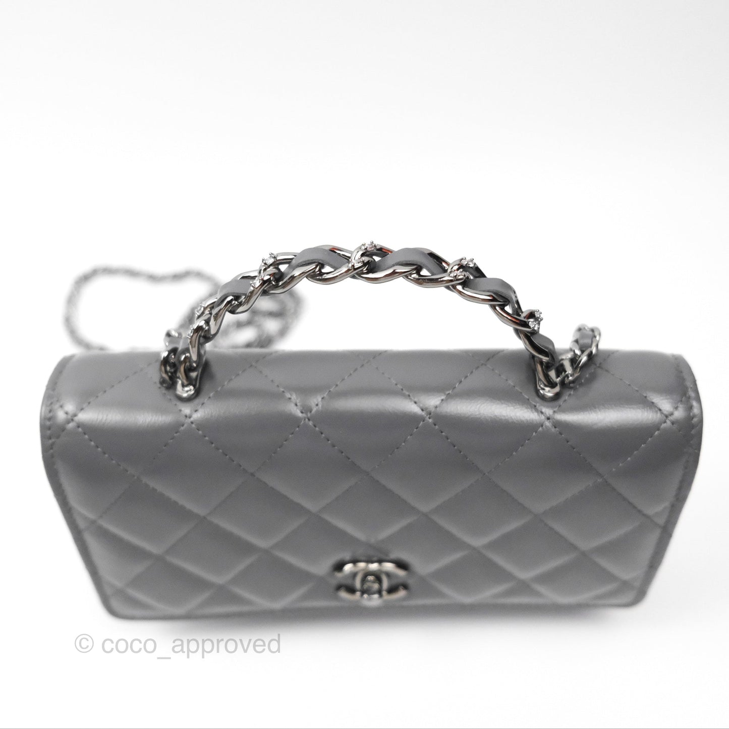 Chanel Top Handle Wallet On Chain WOC Dark Grey Calfskin Gun Metal 23K