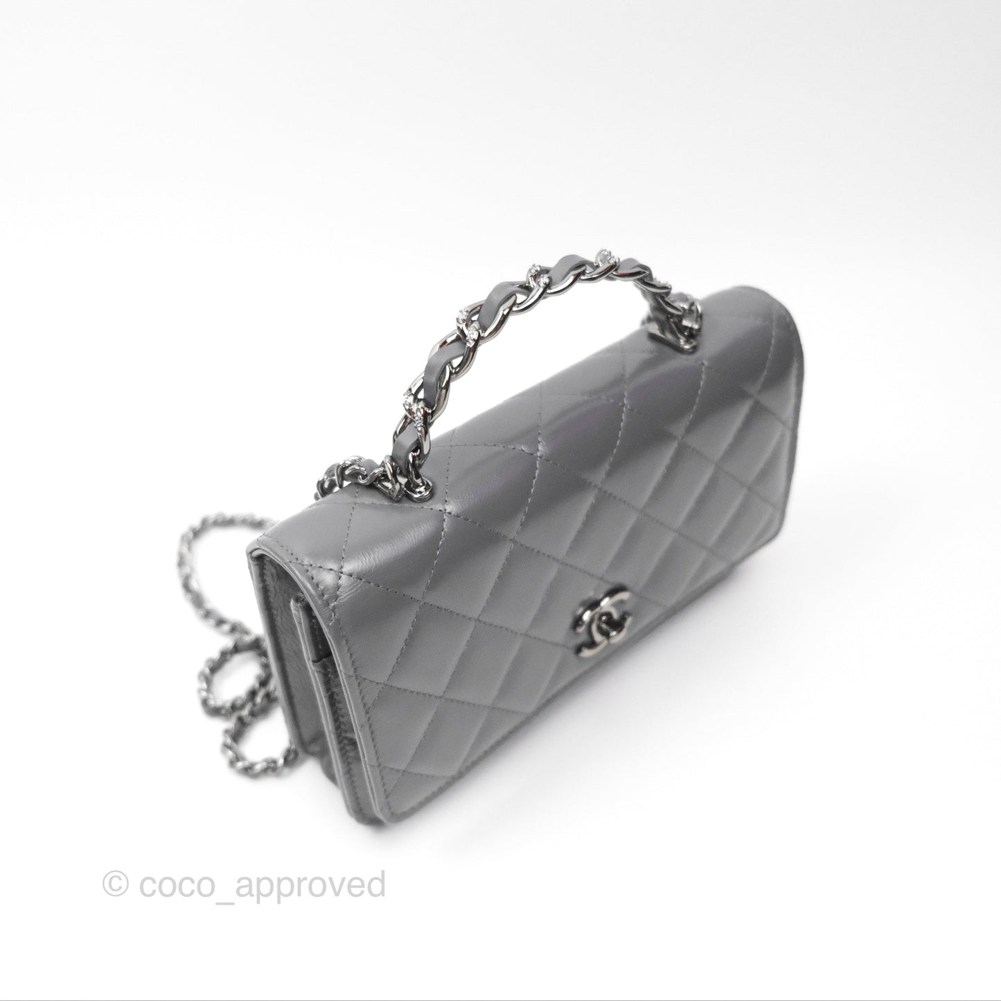 Chanel Top Handle Wallet On Chain WOC Dark Grey Calfskin Gun Metal 23K