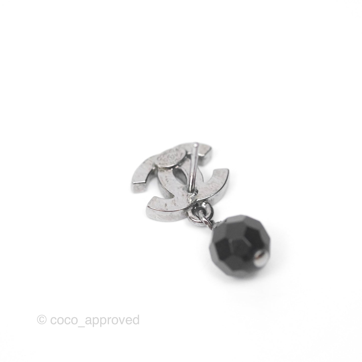 Chanel CC Black Bead Drop Earrings Dark Silver 10V