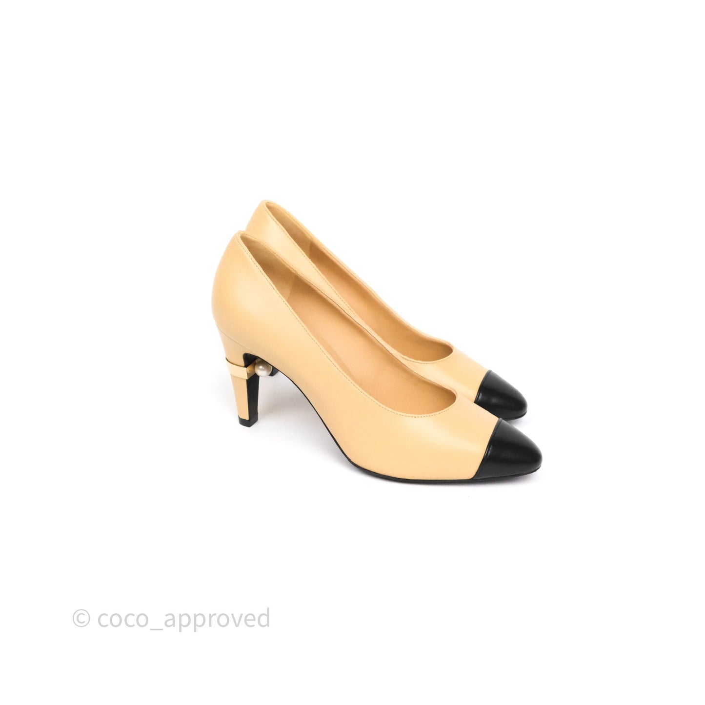 Chanel Beige Toe Pointed Black Pump Heels With Pearl Size 36.5C
