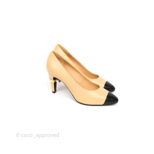 Chanel Beige Toe Pointed Black Pump Heels With Pearl Size 36.5C