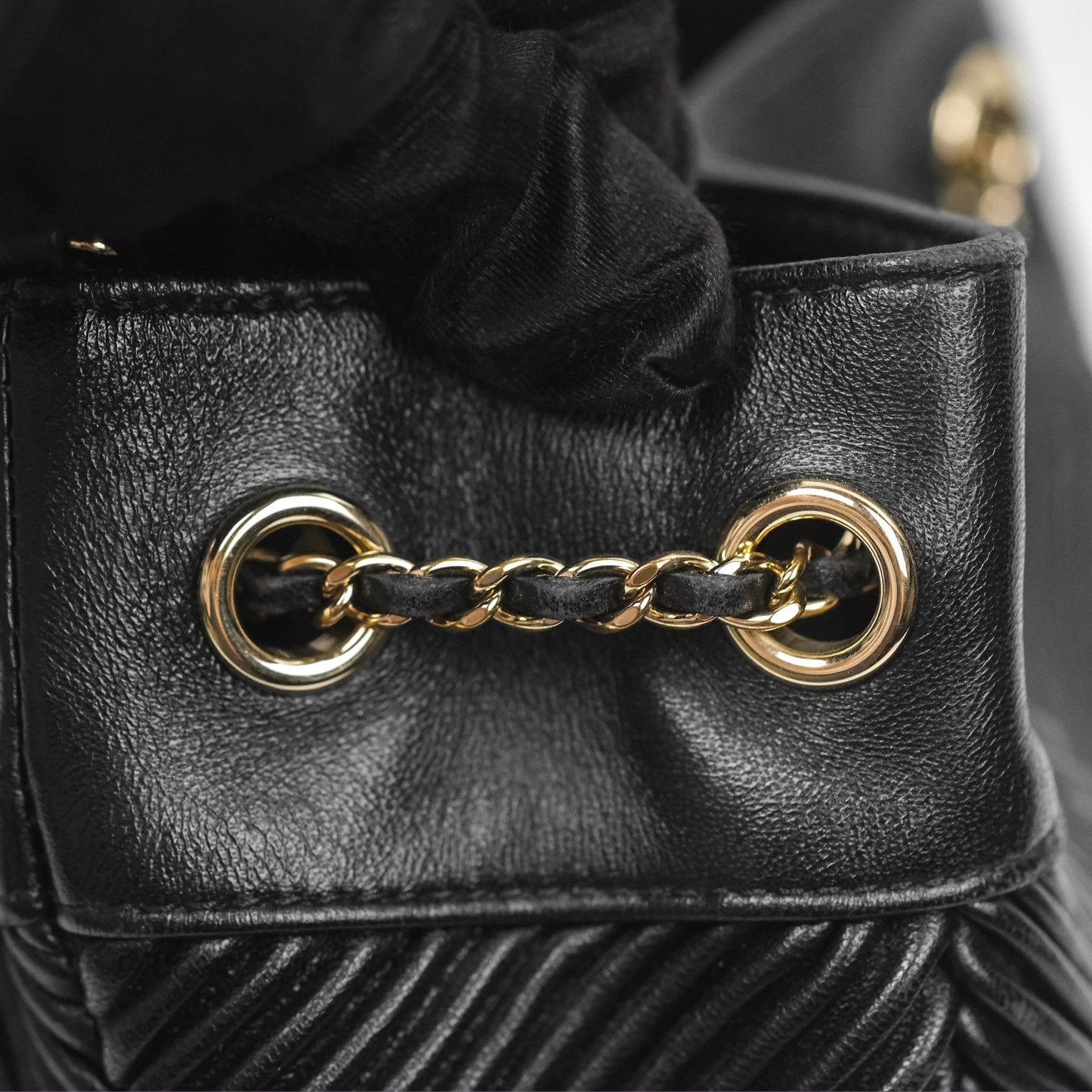 Chanel CC Chain Drawstring Bucket Bag Chevron Black Lambskin Gold Hardware