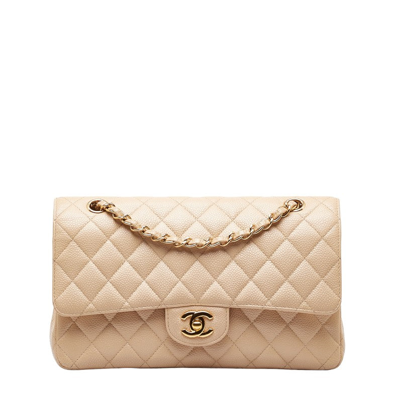 Chanel Matlasse 25 Double Flap Coco Mark Chain Shoulder Bag Beige Caviar Skin