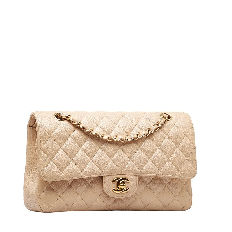 Chanel Matlasse 25 Double Flap Coco Mark Chain Shoulder Bag Beige Caviar Skin
