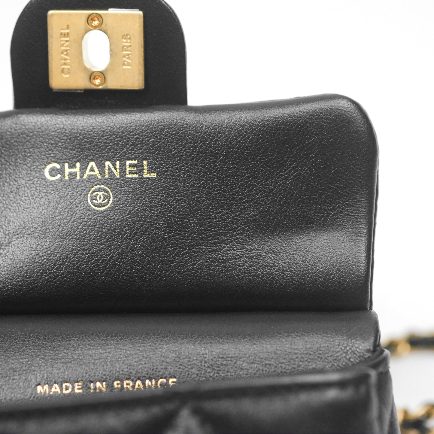 Chanel Lady Handle Flap Card Holder With Chain Black Calfskin Gold Hardware