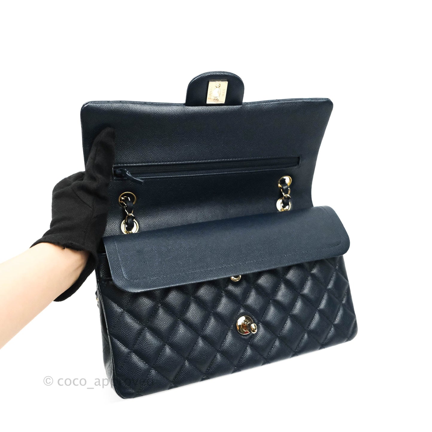 Chanel Quilted M/L Medium Double Flap Navy Caviar Gold Hardware