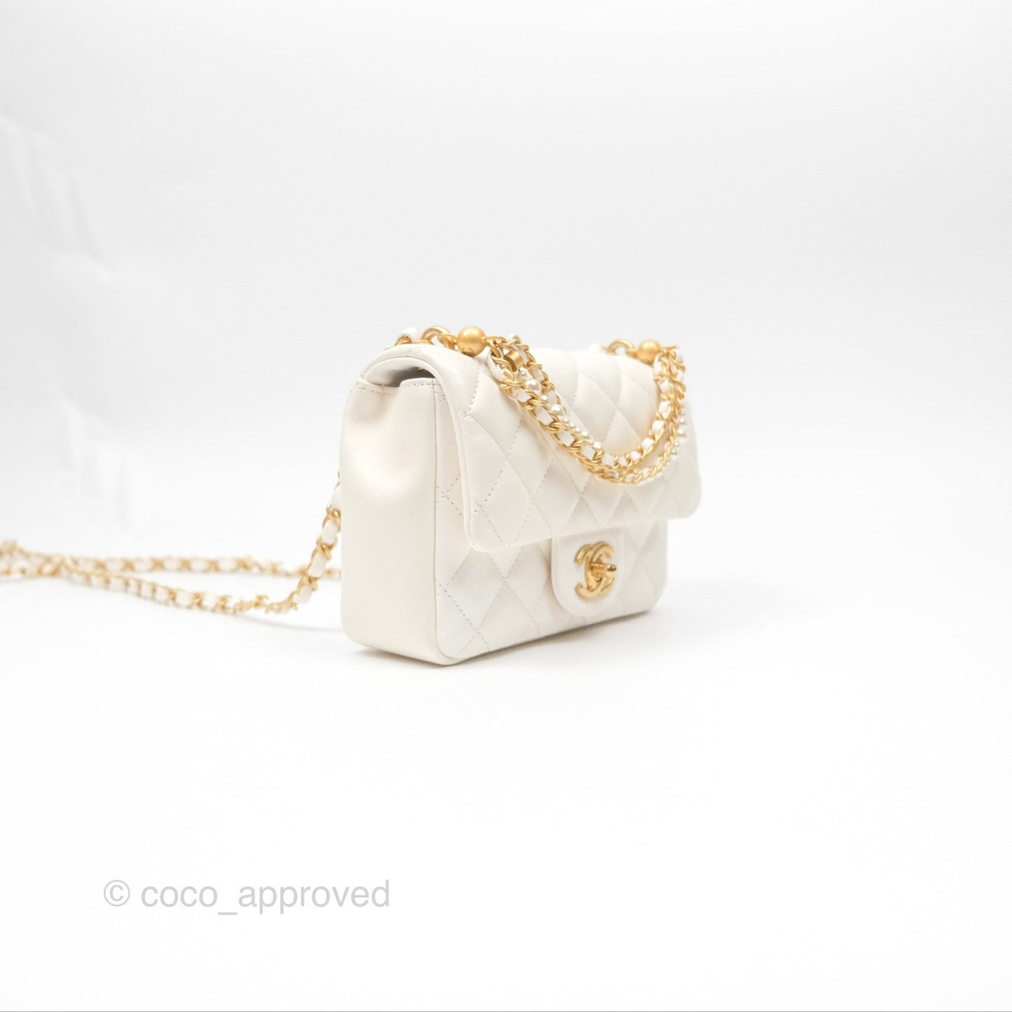 Chanel Pearl Chain Mini Flap Bag White Lambskin Aged Gold Hardware 24P