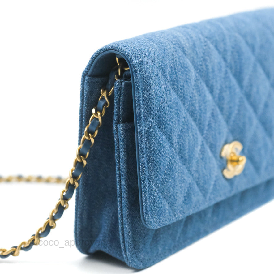 Chanel Quilted Pearl Crush Wallet on Chain WOC Denim Aged Gold Hardware