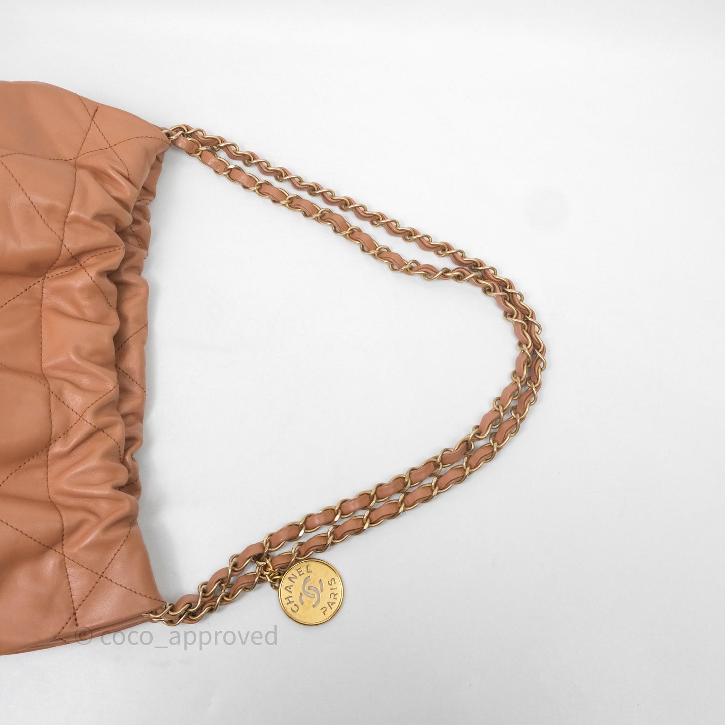 Chanel 22 Small Caramel Beige Shiny Calfskin Aged Gold Hardware