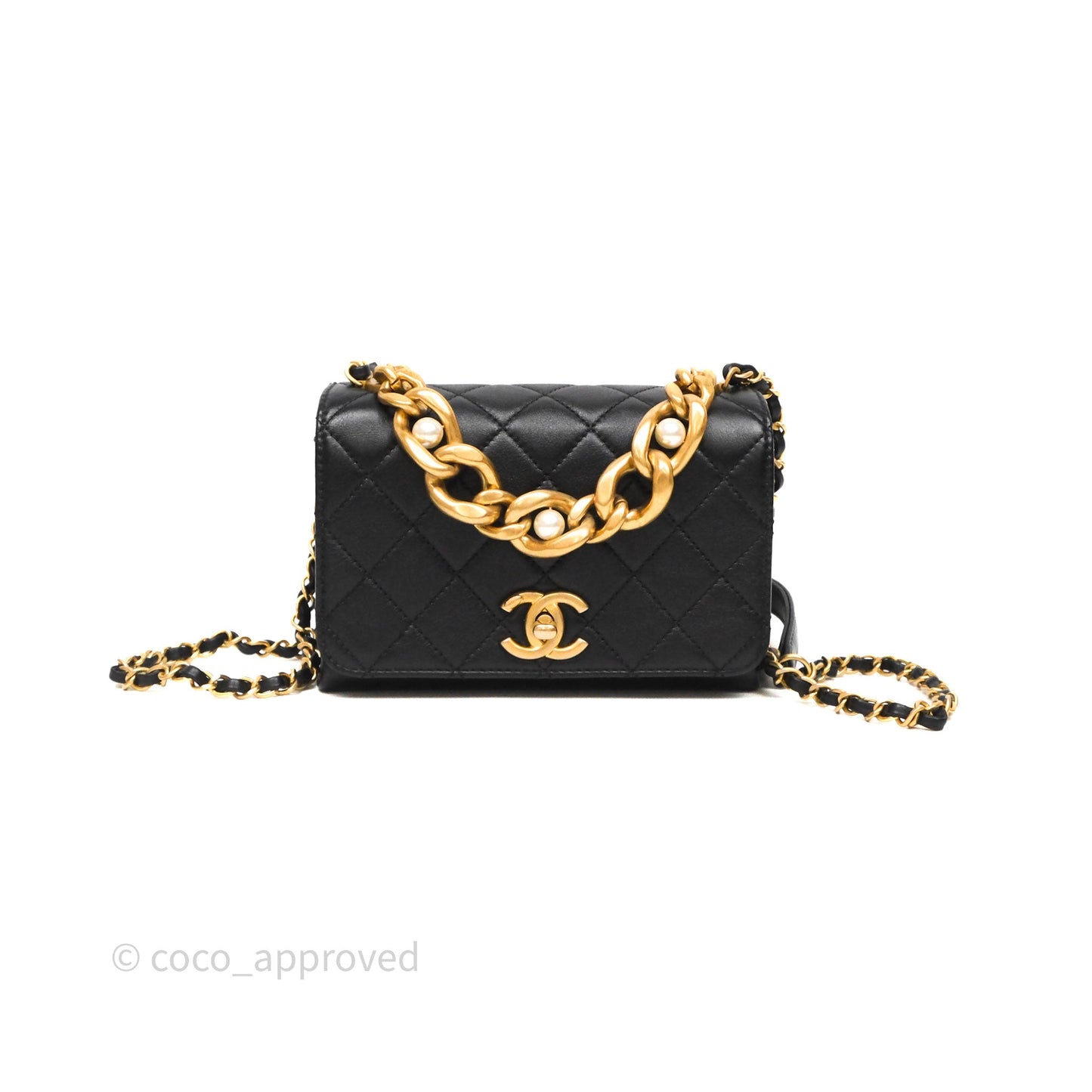 Chanel Pearl Chain Bag Black Calfskin Aged Gold Hardware