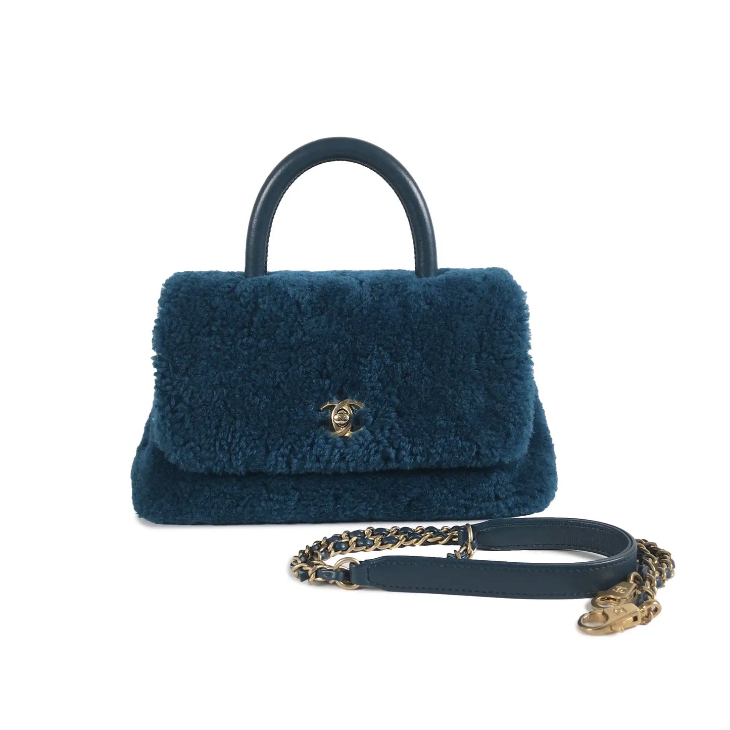 Luxury Chanel Coco Top Handle Small Blue Shearling Gold