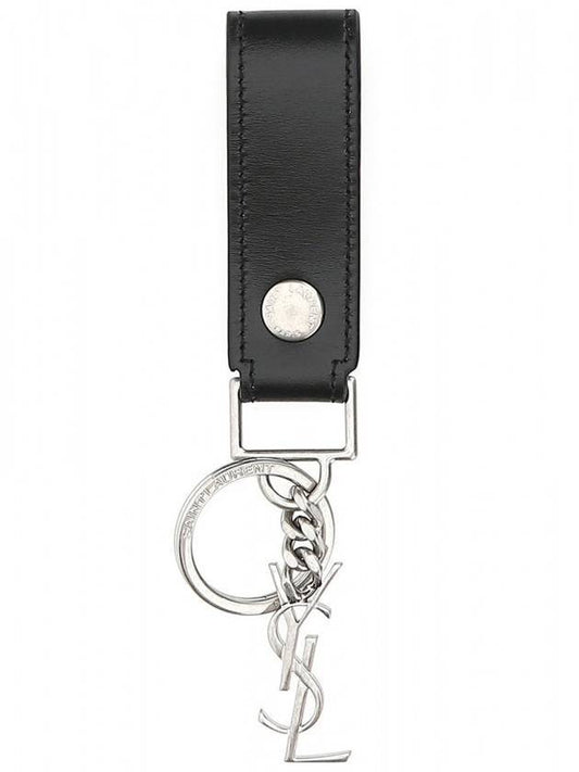 Luxury Saint Laurent Monogram Leather Key Holder Black Silver