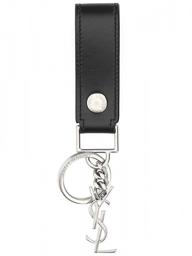 Luxury Saint Laurent Monogram Leather Key Holder Black Silver