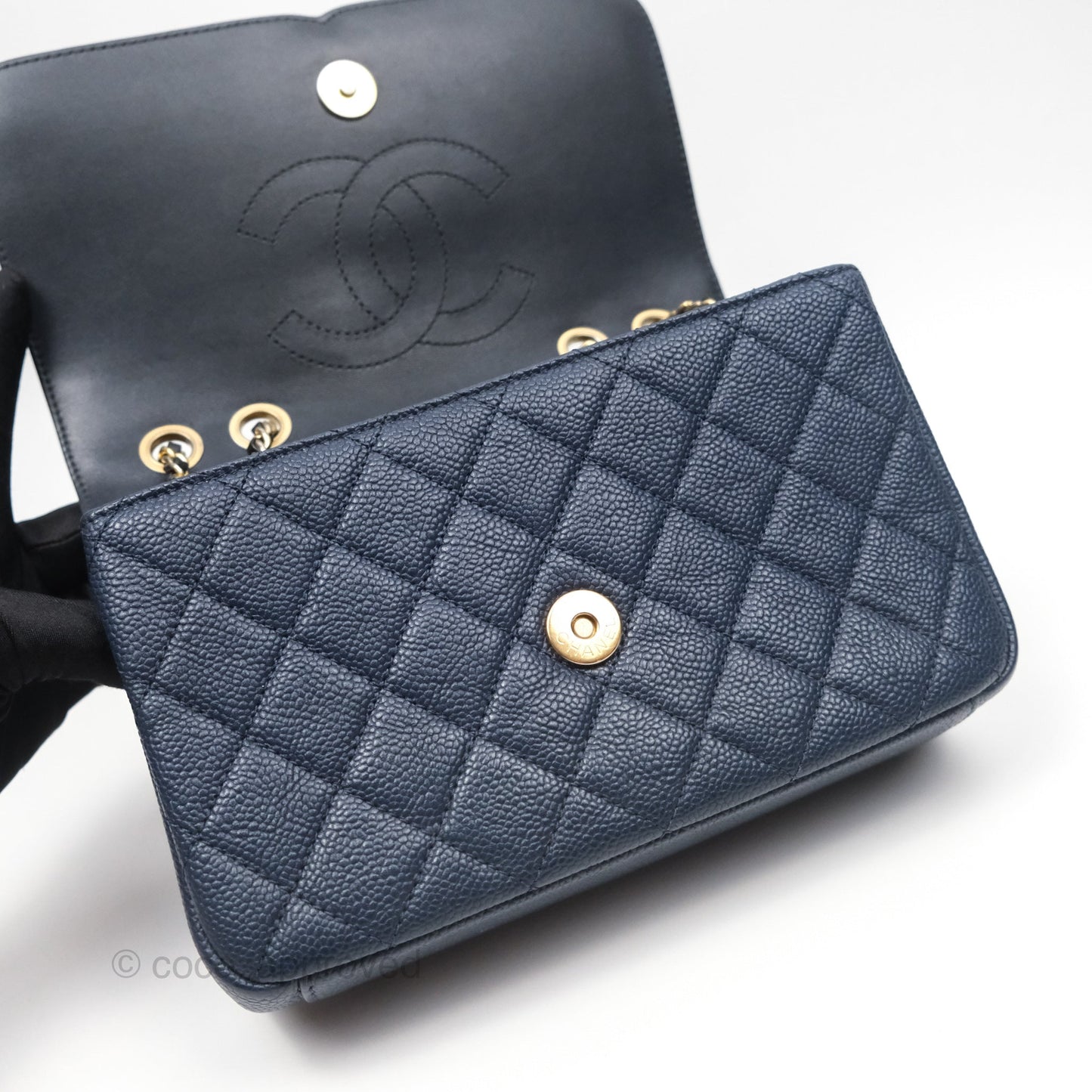 Chanel Small CC Filigree Flap Quilted Navy Black Caviar Aged Gold Hardware