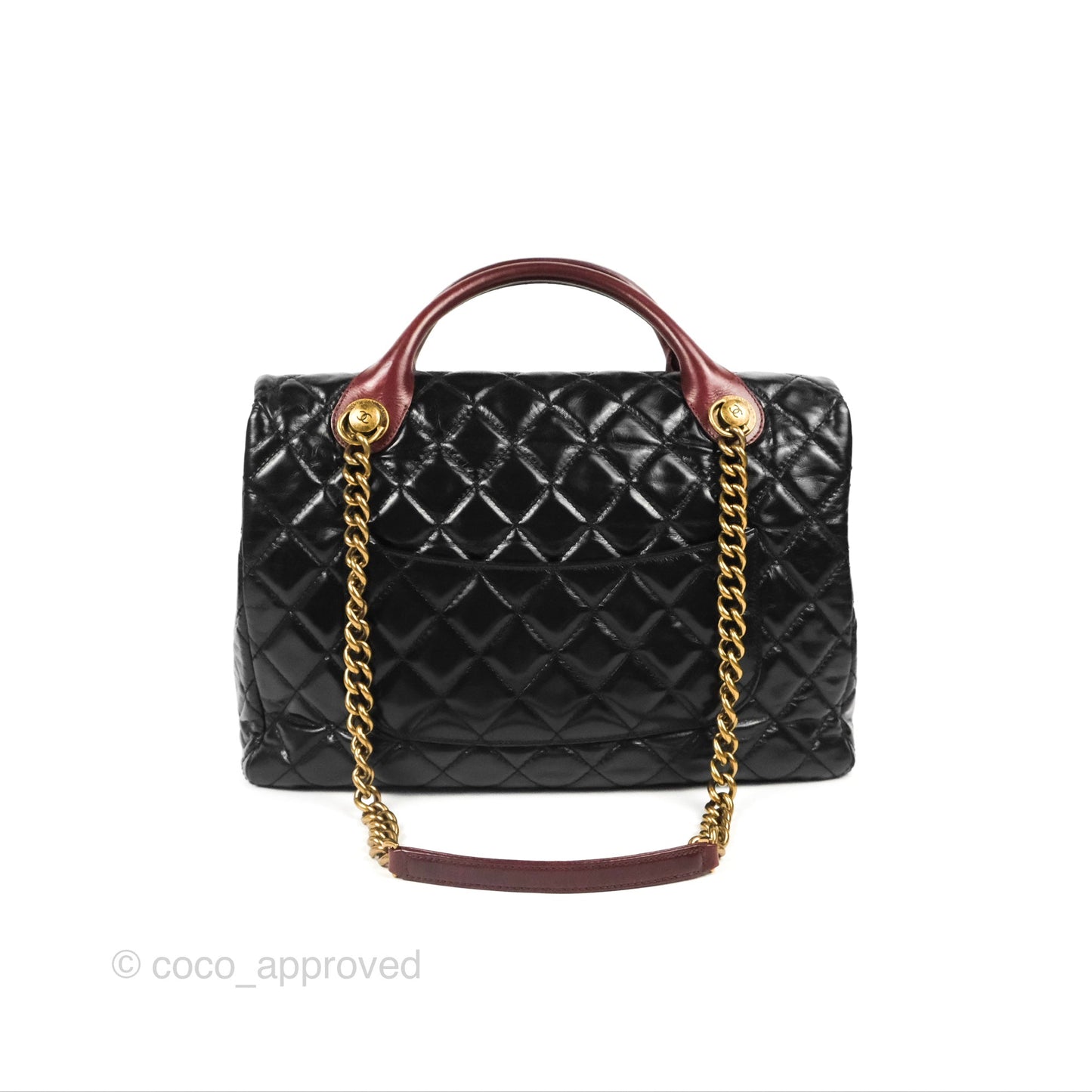 Chanel Large Castle Rock Flap Bag Black Glazed Aged Calfskin Burgundy Handle