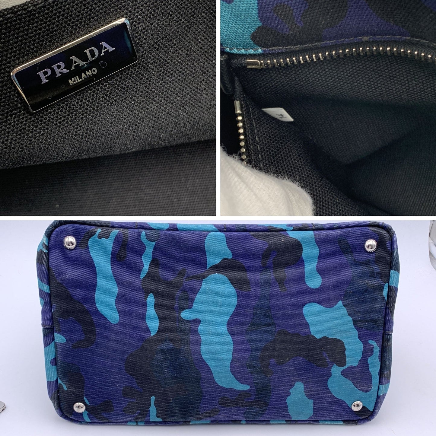 Luxury PradaBlue Camouflage Canvas Canapa Logo Tote Bag