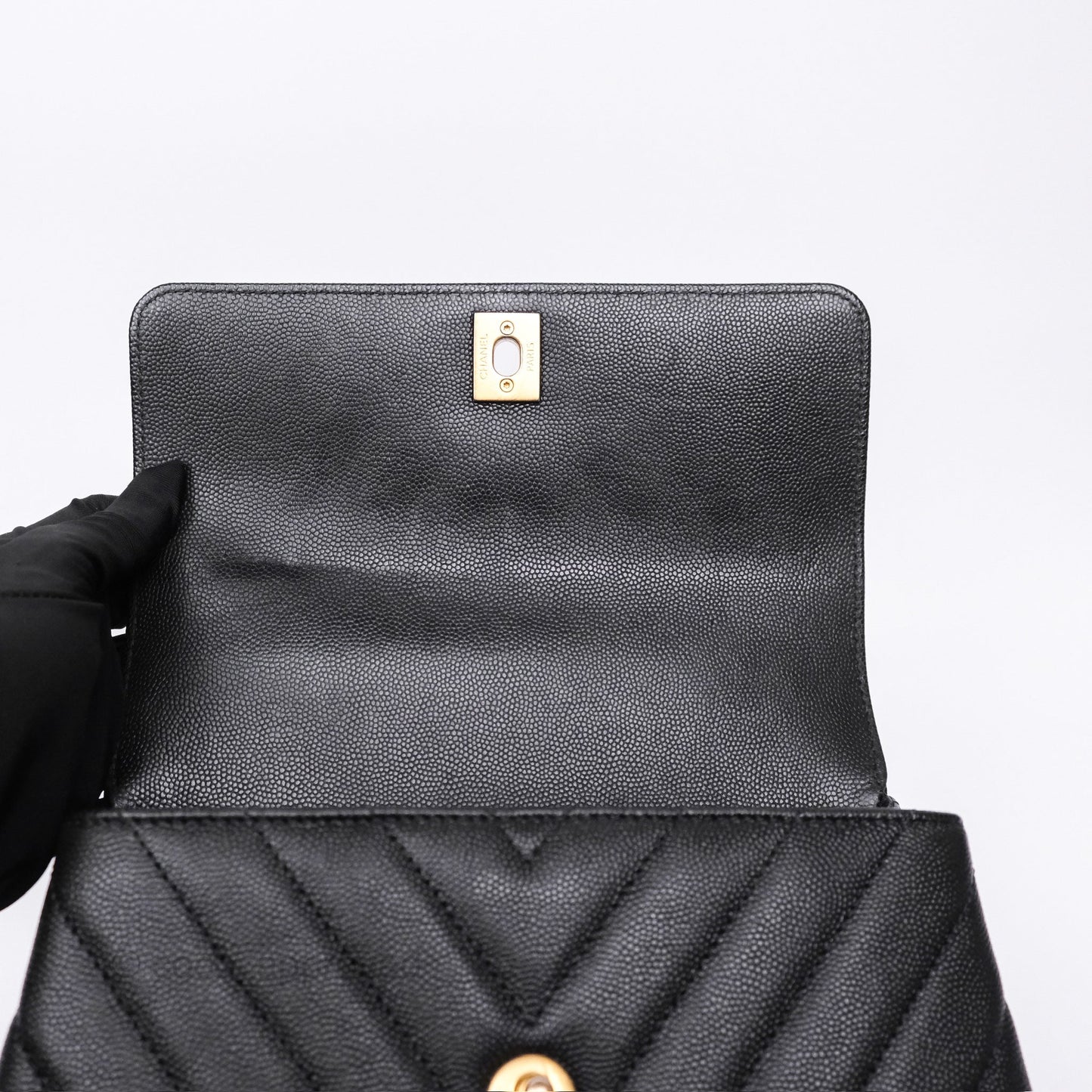 Chanel Small Coco Handle Chevron Black Caviar Aged Gold Hardware Lizard Handle