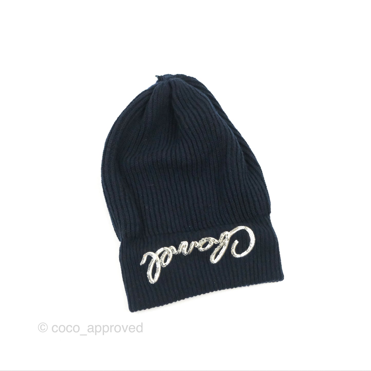 Chanel Silver Sequin Logo Navy Cashmere Beanie