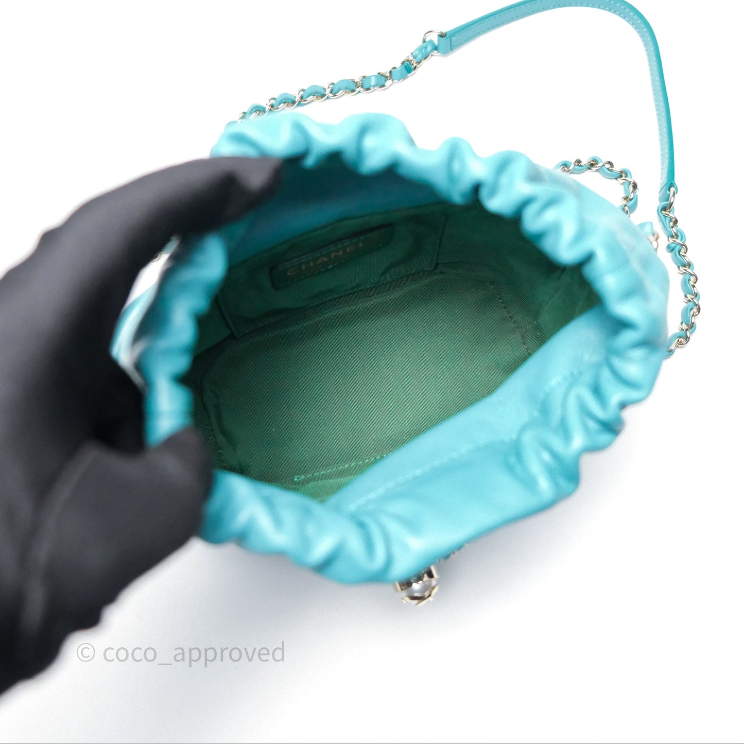 Chanel Pearl CC Drawstring Bucket Bag Teal Green Lambskin Gold Hardware