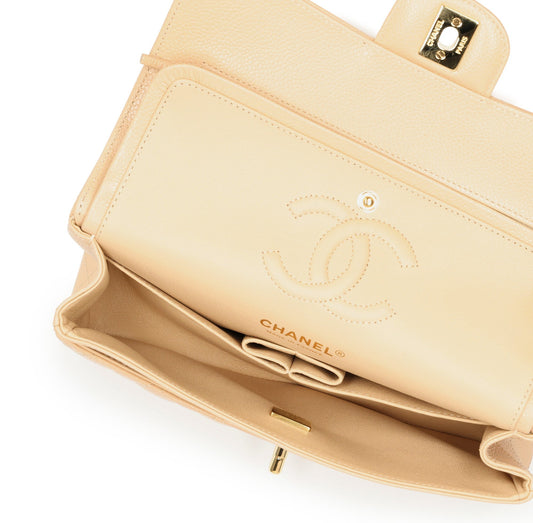Luxury Chanel Beige Clair Quilted Caviar Small Classic Double Flap Gold Hardware, 2021