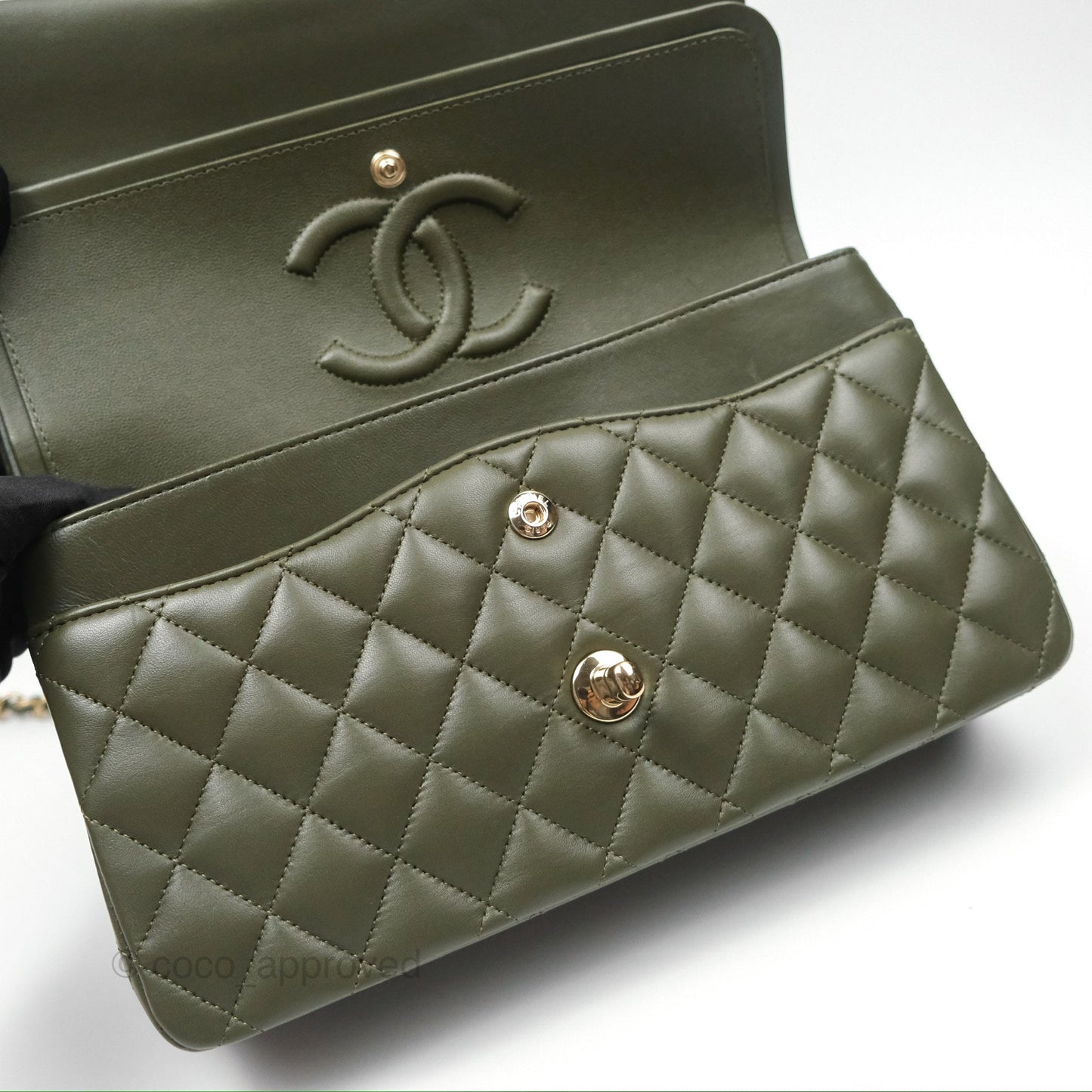Chanel Classic M/L Medium Flap Quilted Lambskin Army Green Gold Hardware