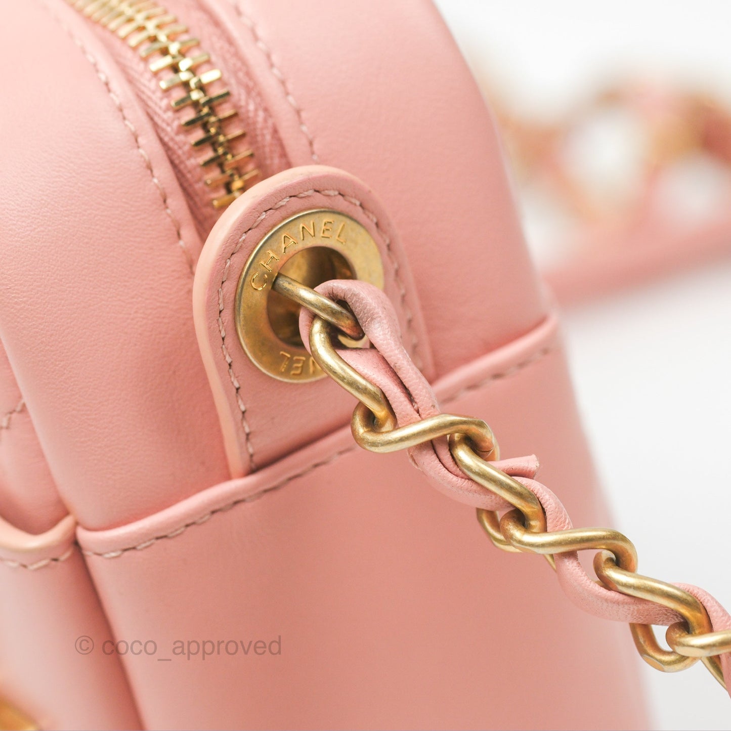 Chanel Logo Enchained Camera Bag Pink Calfskin Aged Gold Hardware
