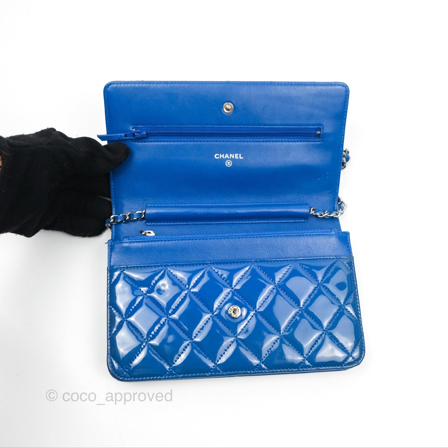 Chanel Quilted Classic Wallet on Chain WOC Blue Patent Silver Hardware