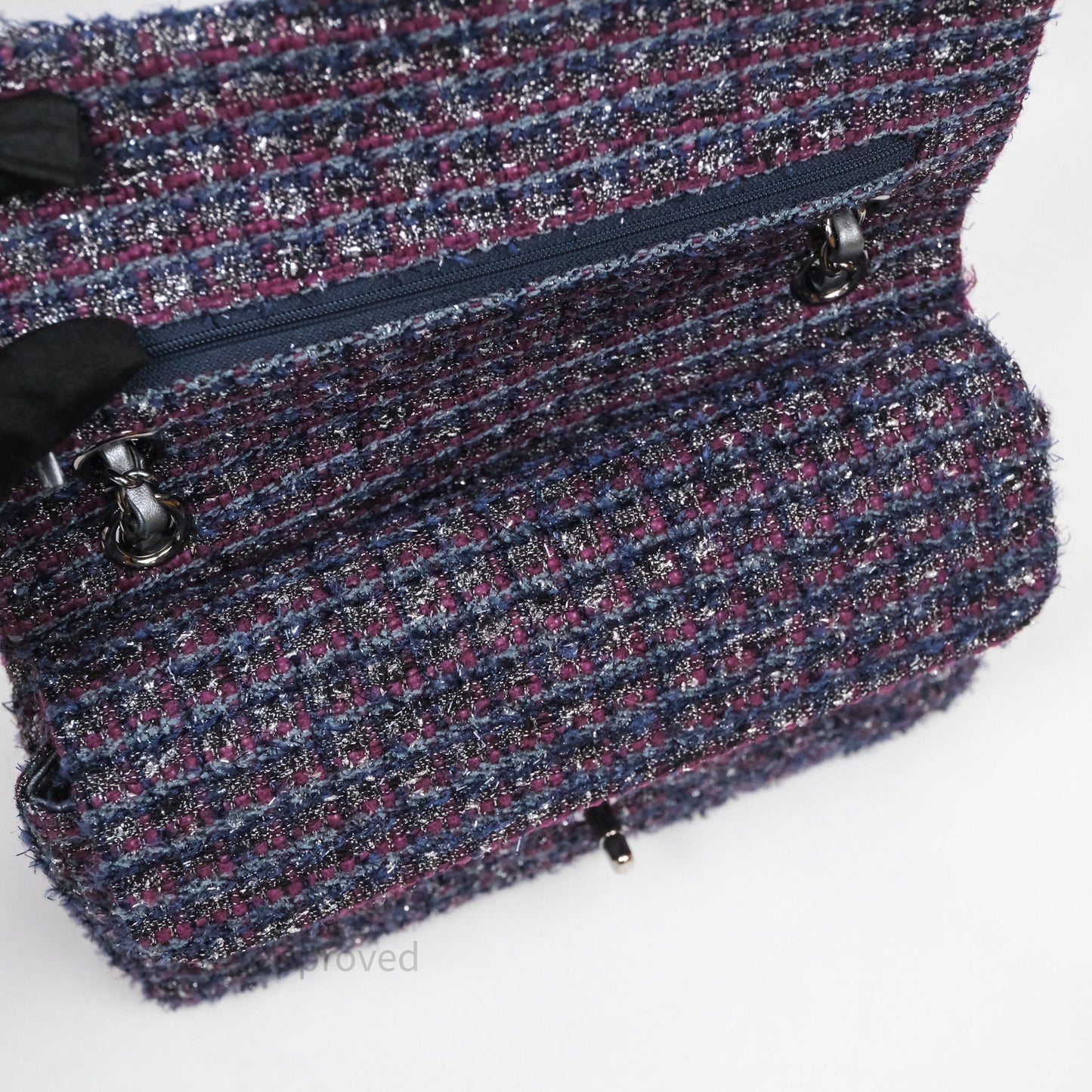 Chanel Classic M/L Medium Double Flap Purple Tweed Glitter Gun Metal