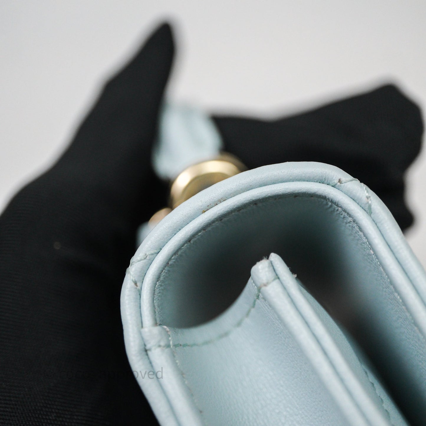 Chanel Mini Handle Flap Coin Purse With Chain Light Blue Lambskin Gold Hardware
