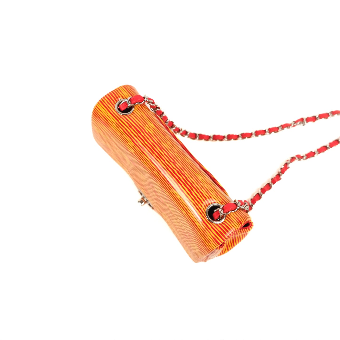Chanel Mini Rectangular Flap Bag Orange Red Striped Patent Silver Hardware