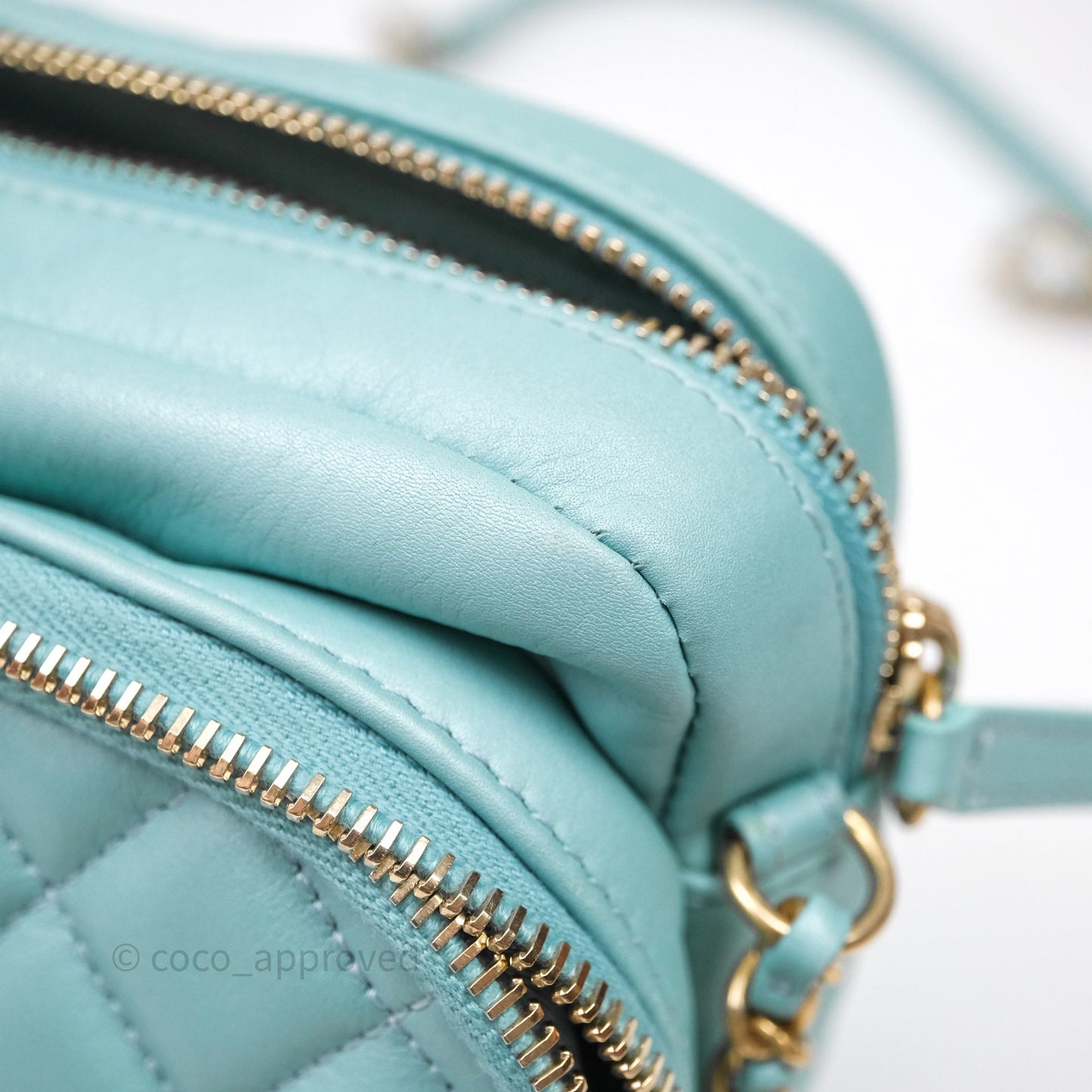 Chanel Camera Bag Quilted Pearly Turquoise Lambskin Aged Gold Hardware