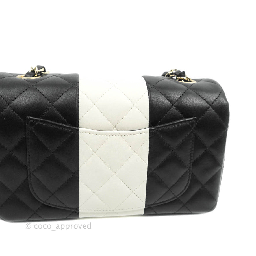 Chanel Quilted Mini Rectangular Flap Black White Lambskin Gold Hardware