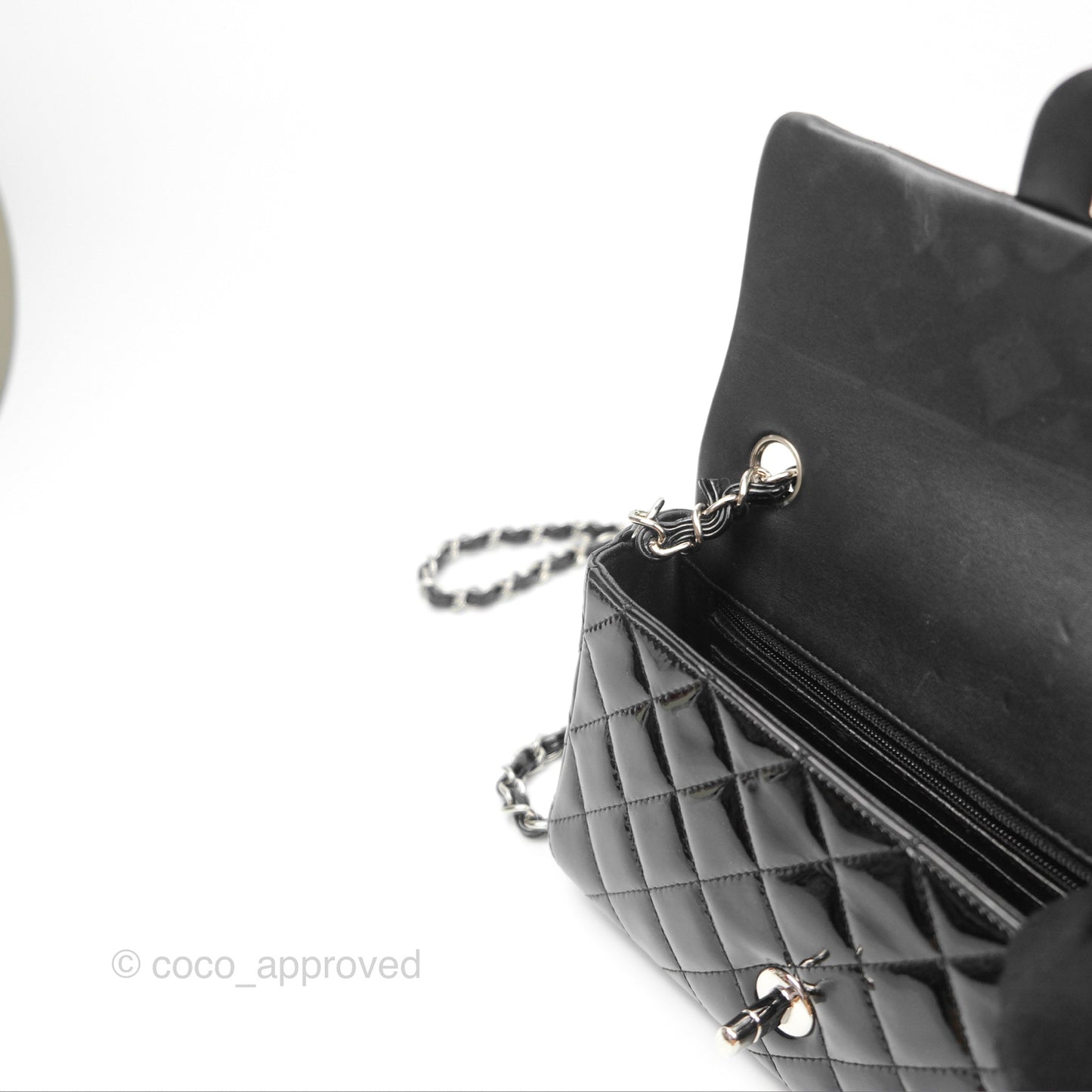 Chanel Quilted Mini Rectangular Flap Black Patent Silver Hardware