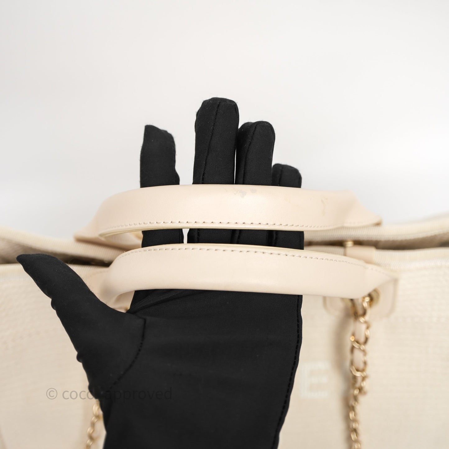Chanel New Small Deauville Cream Ivory Canvas Light Gold Hardware