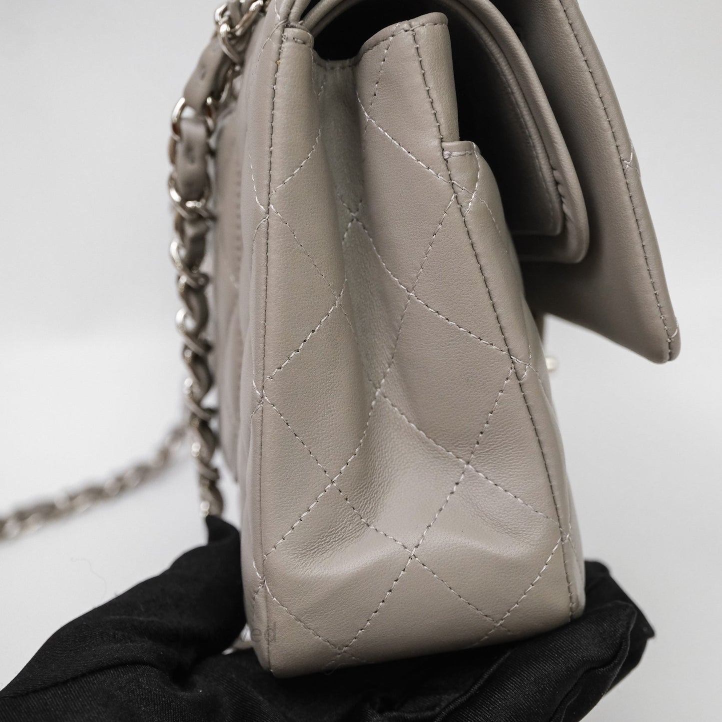Chanel Classic M/L Medium Flap Quilted Grey Lambskin Silver Hardware
