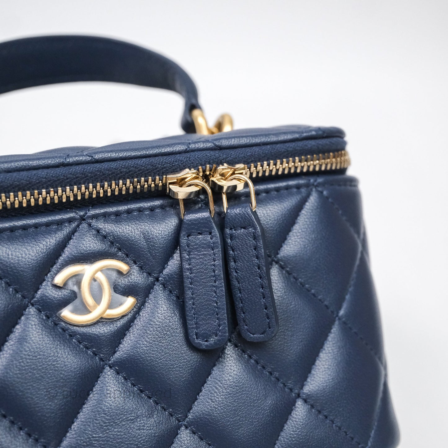 Chanel Vanity Rectangular Metal Top Handle Navy Lambskin Aged Gold Hardware
