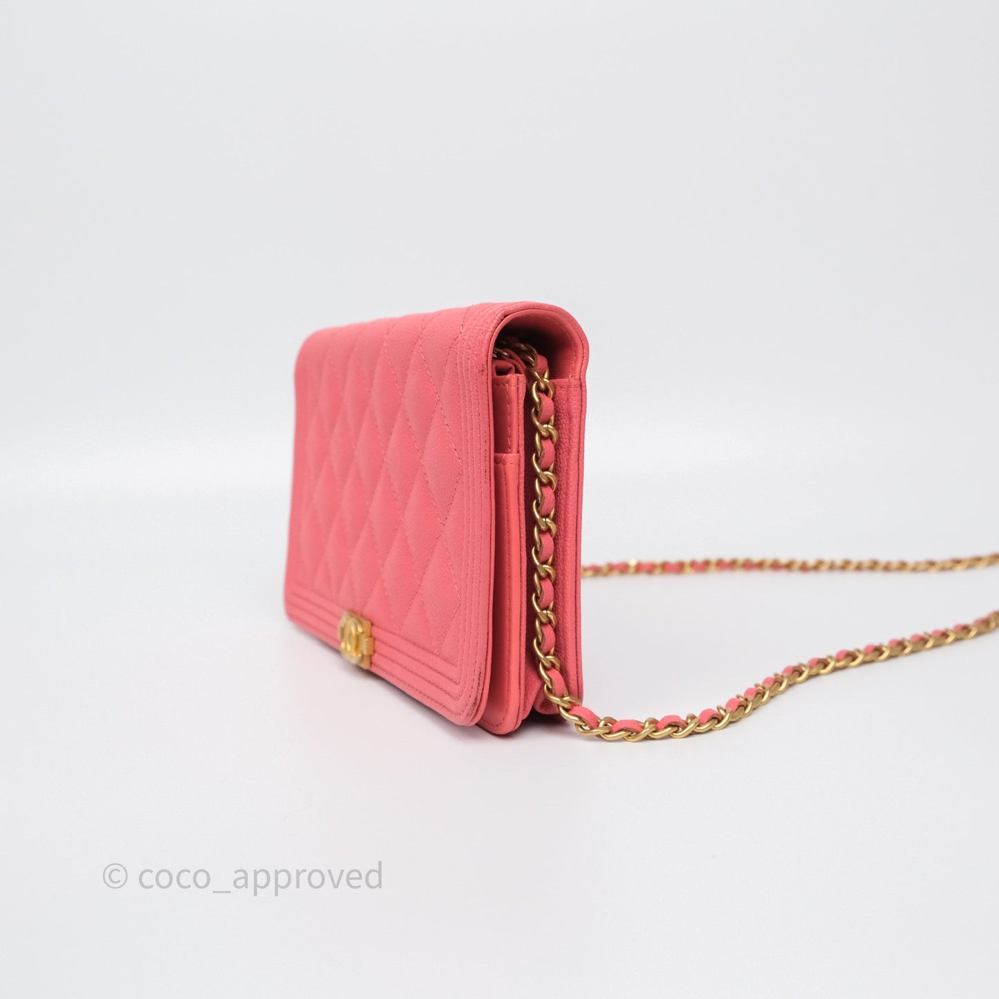 Chanel Boy Wallet on Chain WOC Quilted Dark Pink Caviar Aged Gold Hardware