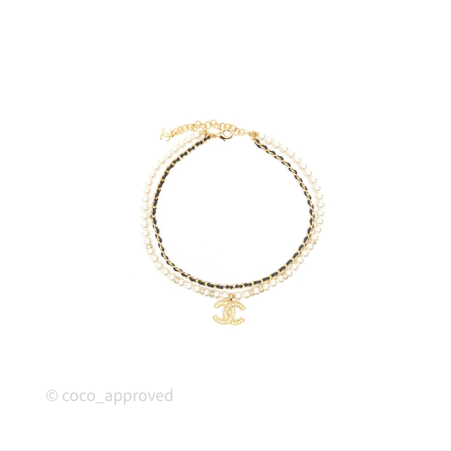 Chanel CC Pearl Crystals Double Necklace Gold Tone 24K