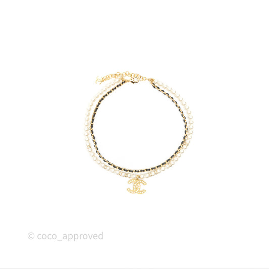 Chanel CC Pearl Crystals Double Necklace Gold Tone 24K